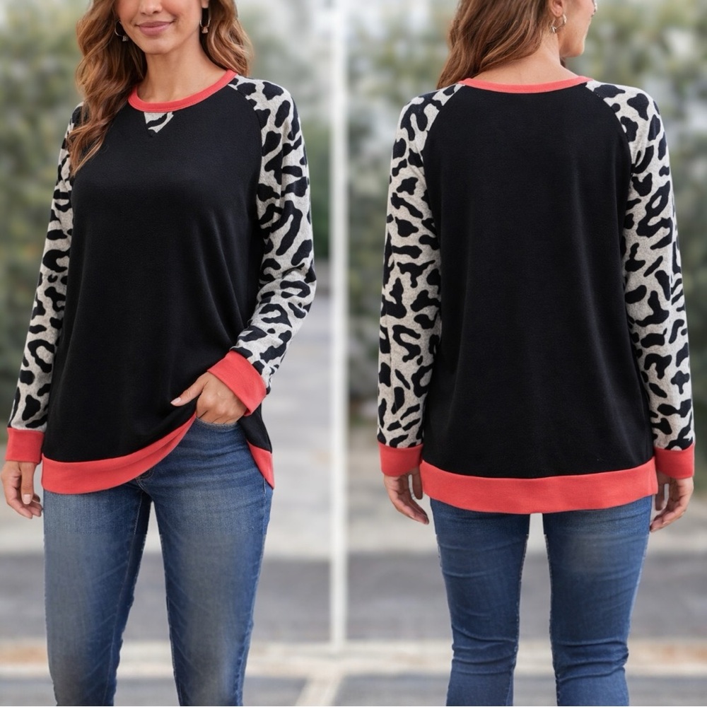 3/$25 Wild Feathers Leopard Sleeve Top Sweatshirt | Black & Coral | Size L